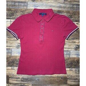 Tommy Hilfiger Red Women’s M Short Sleeve Polo, Navy & White‎ Trim, Gold Buttons